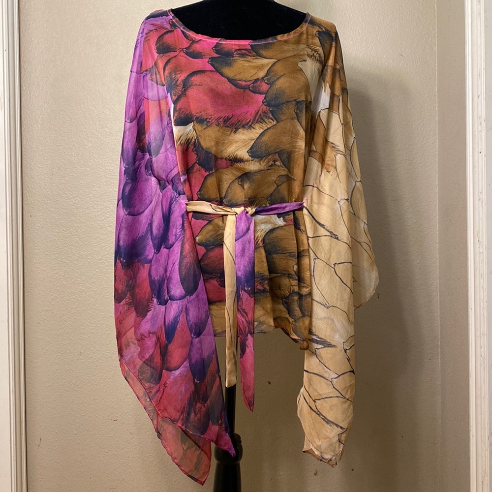 Women Multi-Color, Sheer, Caftan Tunic  Blouse, Bat-Wing Sleeves, Belt, Size M